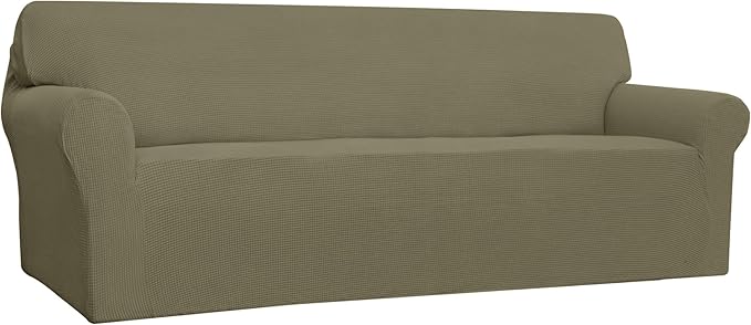 Easy-Going Stretch 4 Seater Sofa Slipcover 1-Piece Sofa Cover Furniture Protector Couch Soft with Elastic Bottom for Kids, Polyester Spandex Jacquard Fabric Small Checks Khaki