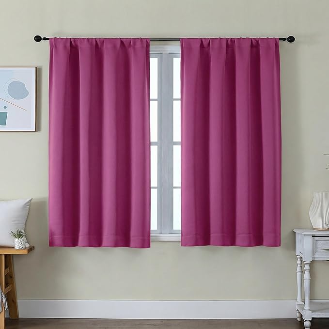 Simplebrand Ava Hot Pink Short Blackout Curtains for Bedroom 45 Inches Long 2 Panels Set, Solid Thermal Insulated, Energy Saving Window Treatment Curtains Blackout Drapes, W40 x L45 Inch