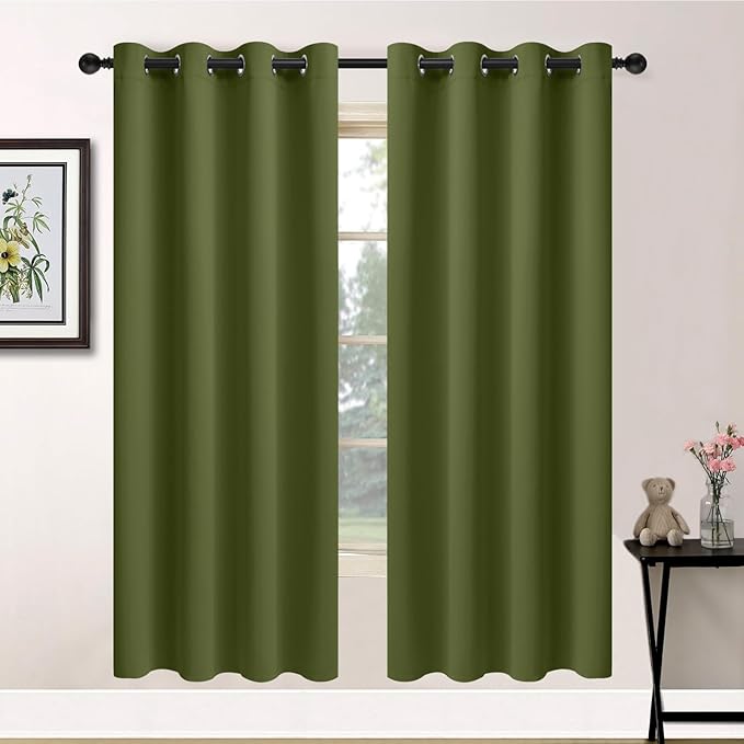 Yakamok Olive Green Blackout Curtains-Room Darkening Green Thermal Insulated Grommet Set of 2 Drapes for Bedroom Living Room, 52W x 72L,2 Panels