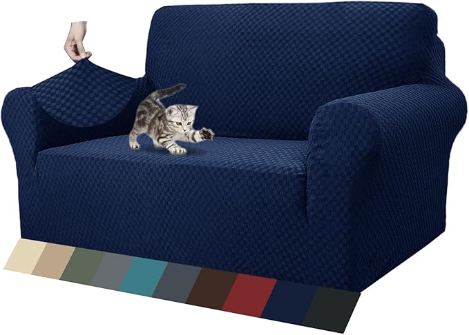 ZNSAYOTX 1 Piece Jacquard Couch Covers for 2 Cushion Couch High Stretch Loveseat Slipcover for Pets Dogs Anti Slip Love Seat Sofa Slipcover Furniture Protector (Loveseat, Navy Blue)