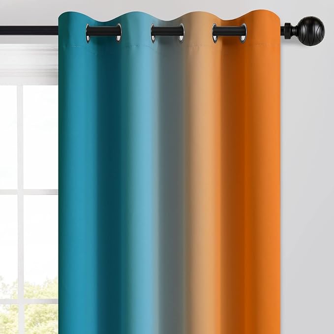 Yakamok Ombre Orange and Blue Curtains for Bedroom, Gradient Room Darkening Curtains, Grommet Thermal Insulated Light Blocking Window Drapes/Curtain for Living Room,52 x 63 Inch,2 Panels