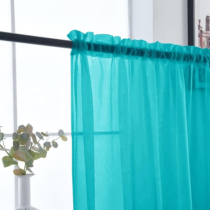 SpaceDresser Sheer Voile Window Treatment Rod Pocket Curtain Panels for Kitchen Bedroom Living Room Drapes Sunlight Filtering Privacy Semi Home Decor Assorted (Peacock Blue, 52 W x 63 L)