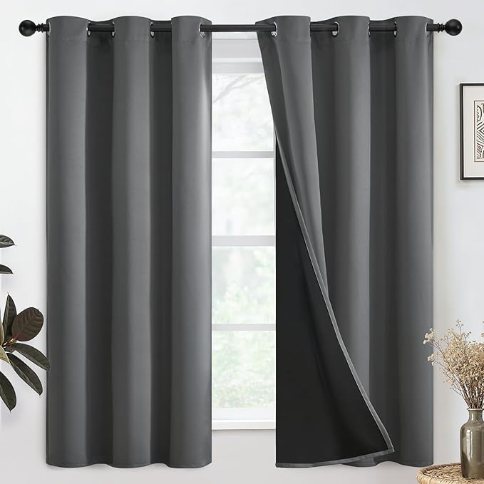SimpleHome 100% Blackout Curtains for Bedroom,Thermal Insulated Grey Grommet Window Drapes Room Darkening Curtains for Living Room with Black Back,38 x 63 Inch,2 Panels