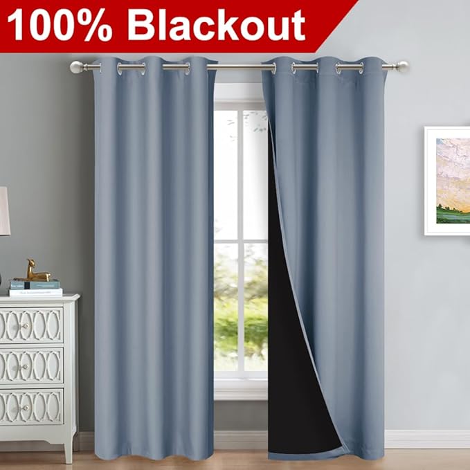 NICETOWN Blackout Curtains 80 inches Long, Vintage Blue, 2 Pieces, 42" Wide Each Panel, Full Light Blocking Drapes with Black Liner for Nursery, Thermal Insulated Draperies for Hall, Villa