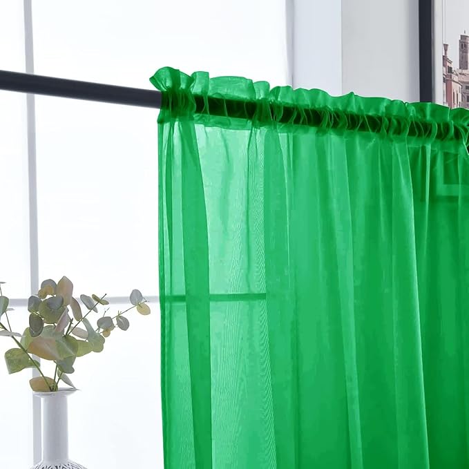 SpaceDresser Basic Rod Pocket Sheer Voile Window Curtain Panels Green 1 Pair 2 Panels 26 Width 30 Inch Long for Kitchen Bedroom Children Living Room Yard（Green，26Wx 30L）