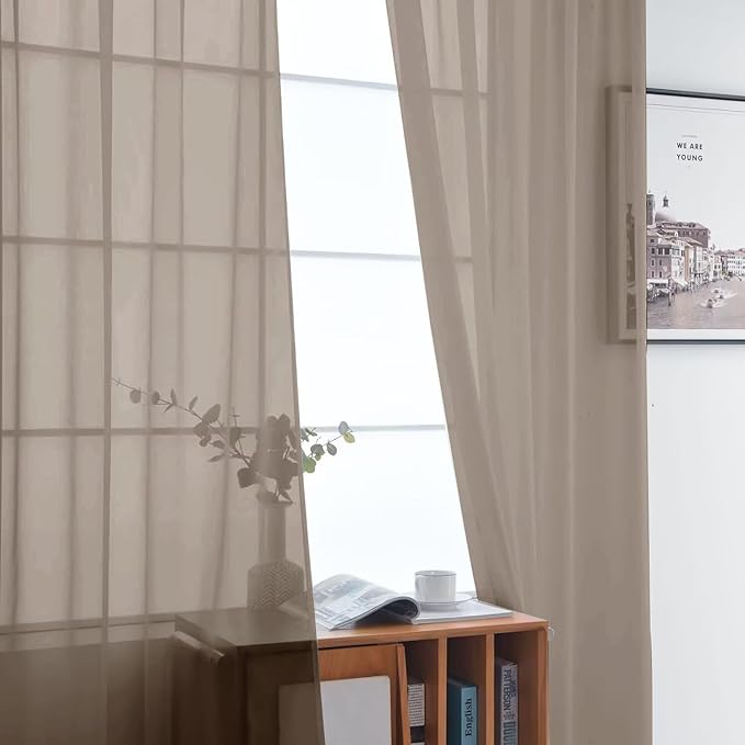 SpaceDresser Basic Rod Pocket Sheer Voile Window Curtain Panels Taupe 1 Pair 2 Panels 52 Width 84 Inch Long for Kitchen Bedroom Children Living Room Yard（Taupe, 52W x 84L）