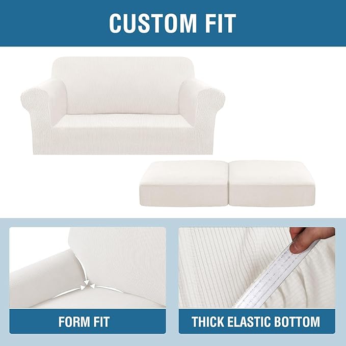 H.VERSAILTEX 3 Piece Stretch Sofa Covers for 2 Cushion Loveseat Couch Covers for Living Room Sofa (Base Cover Plus 2 Seat Cushion Covers) Thicker Jacquard Fabric (Medium Sofa, Porcelain White)