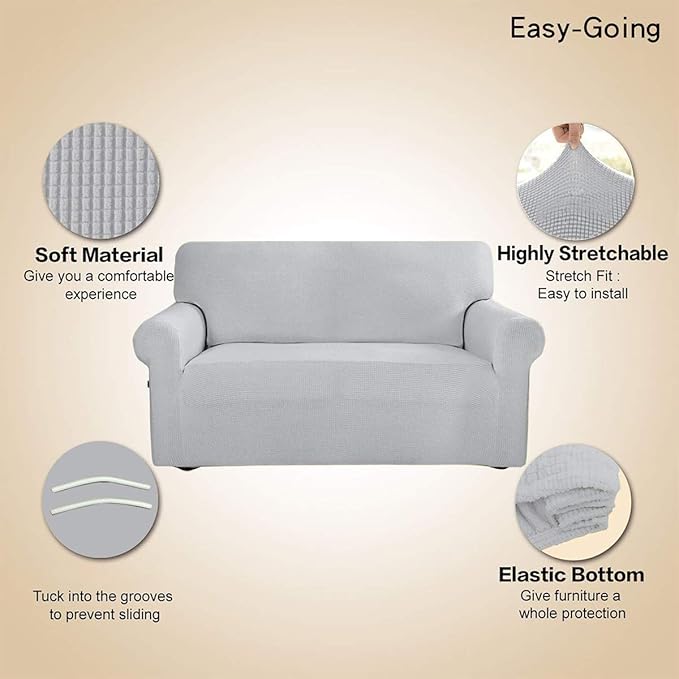 Easy-Going Stretch Loveseat Slipcover 1-Piece Sofa Cover Furniture Protector Couch Soft with Elastic Bottom for Kids Polyester Spandex Jacquard Fabric Small Checks (Loveseat, Silver Gray)