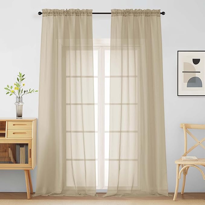Taupe Sheer Curtains for Window 96 Inches Long 2 Panels Set, Soft Airy Light Filtering Voile Sheer Curtains for Living Room Bedroom, Dual Rod Pocket Elegant Window Drapes, 2x42Wx96L Inches