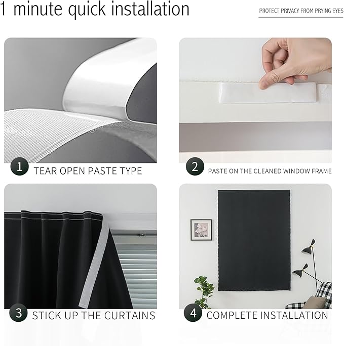 Adhesive Blackout Curtains- Self Stick Shades Window Blinds Curtains No Rod Needed Easy to Hang Curtains, Use for Bedroom, Living Room, Dining Room, Kitchen, Home Office, 35"W X 79"L, Black, 1 Panel