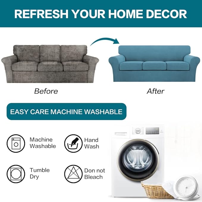 Turquoize 4 Piece Sofa Covers for 3 Cushion Couch Sofa Slipcover Soft Couch Cover for Dogs-Washable Sofa Furniture Covers with 3 Individual Large Cushion Covers, Feature Fabric (XL Sofa, Storm Blue)