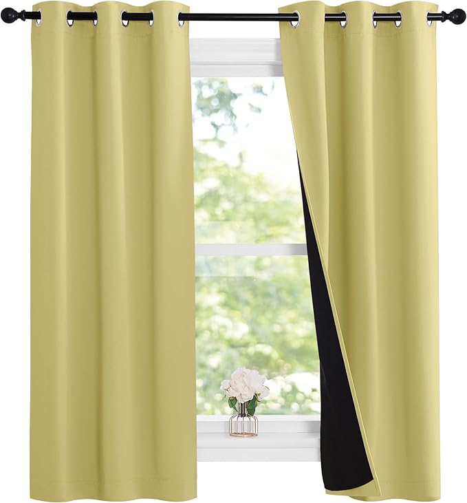 NICETOWN Paler Yellow Full Shade Curtain Panels, 37" Wide x 70" Long, Pair of Thermal Insulated & Energy Efficiency Blackout Curtains for Living Room Windows, Lined Silky Performance Window Dressing