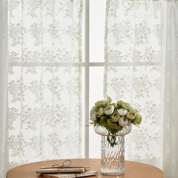 YJ YANJUN Vintage Lace Curtains Short 2 Panels Victorian Floral Farmhouse Cafe 30 inch Curtains for Basement, Kitchen, Bathroom, Laundry Room Small Window Privacy Rod Pocket 26" x 30" Cream