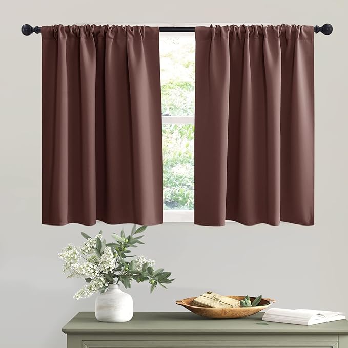 RYB HOME Short Chocolate Brown Blackout Curtains for Small Bedroom Window, Insulating UV Blocking Drapes for Kitchen Cafe Basement, Privacy Tiers for Bathroom Window, Width 42 by Length 36, Set of 2
