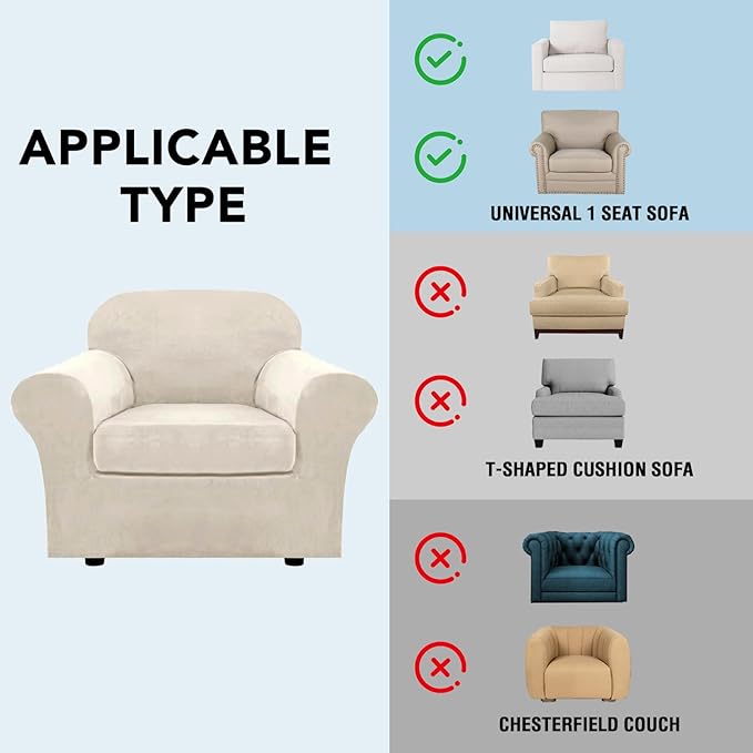 H.VERSAILTEX Rich Velvet Stretch 2 Piece Cover Chair Slipcover Sofa Cover Furniture Protector Couch Soft with Elastic Bottom Chair Couch Cover with Arms Width Up to 49 Inch(Chair, Ivory)