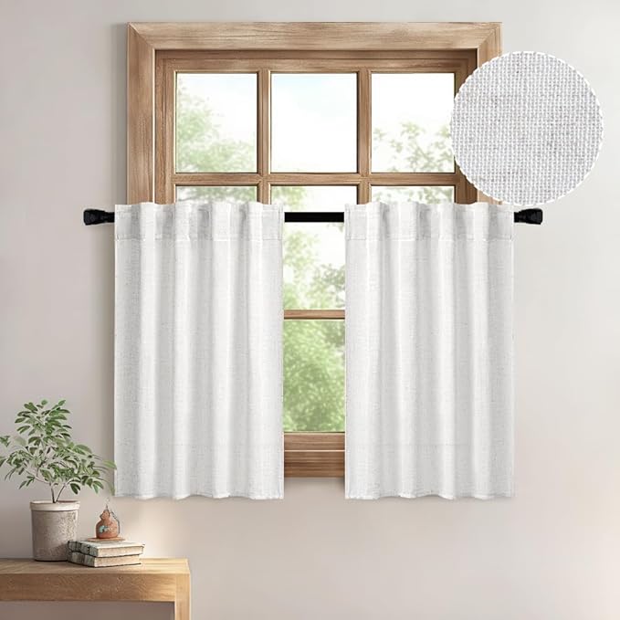 MIULEE White Curtains 36 Inch Length 2 Panels, Soft Thick Linen Textured Semi Sheer Light Filtering Kitchen Window Curtains Over Sink Small Tier for Bathroom Window Back Tab Rod Pocket