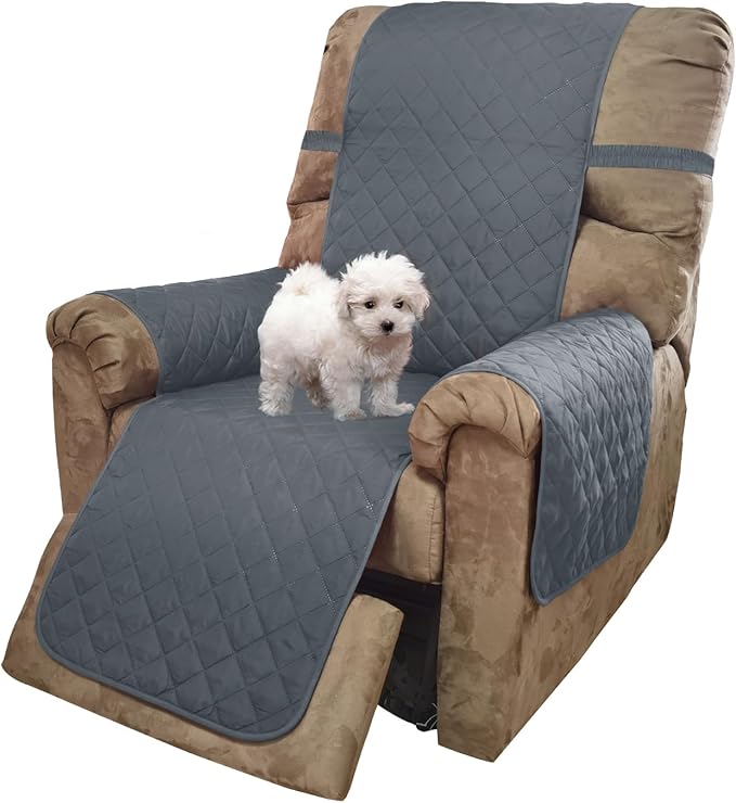 U-NICE HOME Recliner Chair Covers Reversible Quilted Water Repellent Pet Protectors with Elastic Straps (23''Recliner Small, Dark Blue/Light Grey)