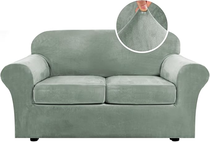 H.VERSAILTEX Real Velvet Plush 3 Piece Stretch Sofa Covers Couch Covers for 2 Cushion Couch Loveseat Covers Width Up to 72 Inch Thick Stay in Place (Medium Sofa, Sea Grass)