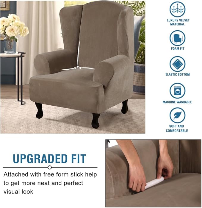 H.VERSAILTEX Wingback Chair Covers Velvet Plush Wing Chair Slipcover 1 Piece High Stretch Wing Back Chair Slipcovers Sofa Cover Furniture Cover with Elastic Bottom, Mocha