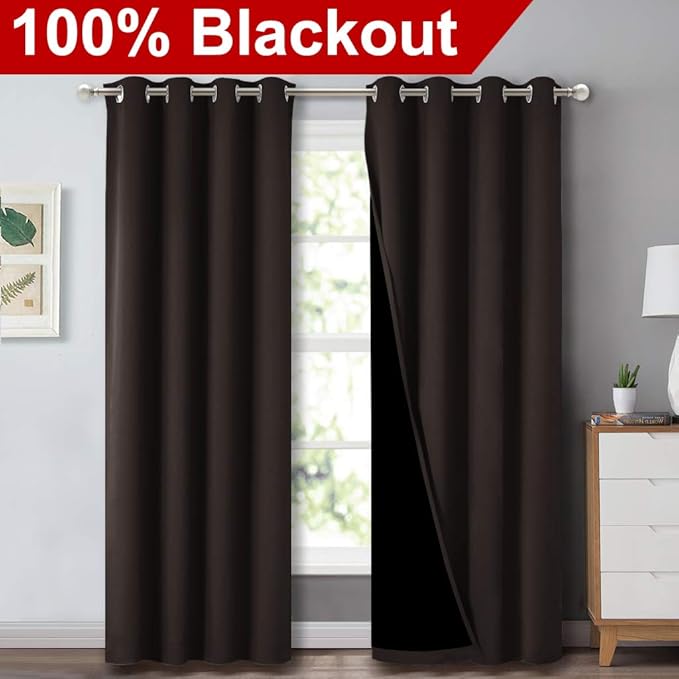 NICETOWN High End Thermal Curtains, Full Blackout Curtains 84 inches Long for Dining Room, Soundproof Window Treatment Drapes for Hall Room, Brown, 52 inches Wide Per Panel, Set of 2 Panels