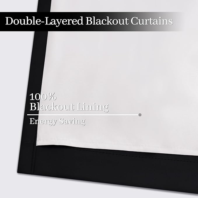 Yakamok 100% Blackout Curtains Black Room Darkening Thermal Insulated Window Curtain with 2 Thick Layers-Set of 2 Panels Grommet Top Drapes for Bedroom Living Room 38 Inches by 84 Inches Length