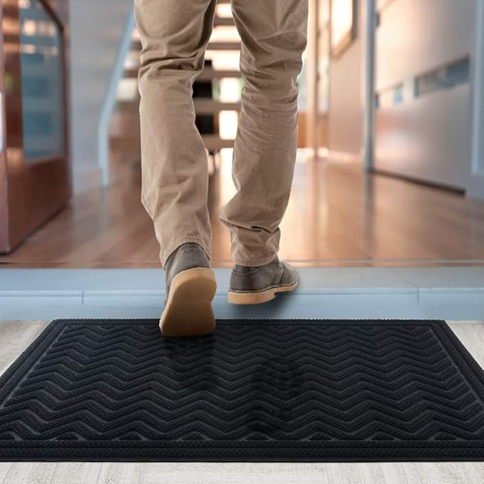 Mibao Front Door Mat, Dirt Trapper Welcome Mat for Outdoor Indoor, Non-Slip Waterproof Doormat, Durable Low Profile Entry Rug for Back Door Outside Patio Porch, 35.5" x 24", Black