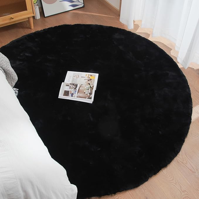 ORINOVA Black Round Plush Rugs for Bedroom Faux Bunny Fuzzy Washable Fur Area Rugs for Living Room Small Circle Nursery Rug 4ft Cute Room Décor