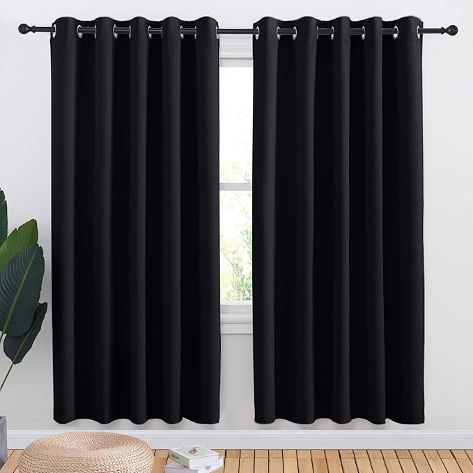 NICETOWN Blackout Draperies Window Curtain Panels, Autumn/Winter Thermal Insulated Solid Grommet Blackout Curtains/Drapes for Cafe (Set of 2, 70 inches by 72 inches, Black)