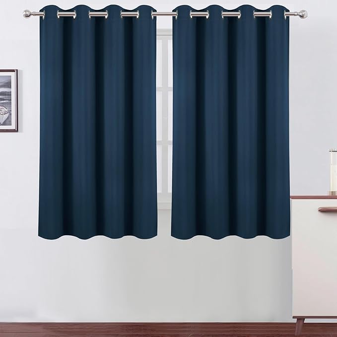 LEMOMO Blackout Curtains 66 x 54 Inch Long Navy Blue Curtains Set of 2 Panels Room Darkening Curtains for Bedroom and Living Room