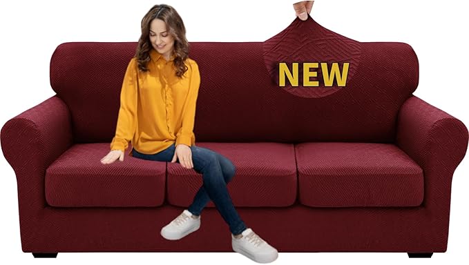 XINEAGE 2026 New 4 Pieces Couch Covers for 3 Cushion Couch Super Stretch Thick Soft Sofa Cover Anti Slip Sofa Slipcover Dogs Cats Furniture Protector (Wine Red, 71"-91")
