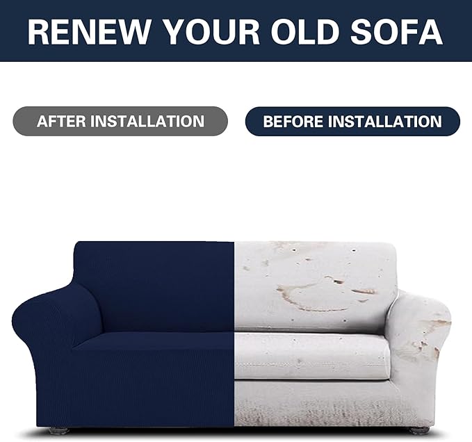 Cupuamon 2026 New Stretch Sofa Slipcovers Couch Cover for 3 Cushion Furniture Protector Sofa Covers with Elastic Bottom Jacquard Fabric Small Checks for Pets, Kids -Sofa, Navy