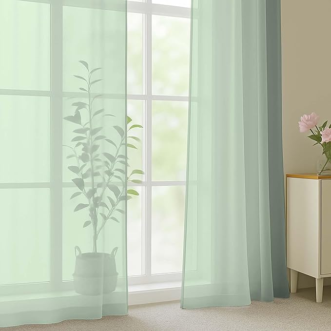 OWENIE Sage Green Sheer Curtain 90 Inches Long 2 Panels Set, Solid Filmy Drapes for Living Room Bedroom, Elegant Window Voile Sheer Curtain Panels Drapes, 2 Pcs, Each 59W x 90L Inch