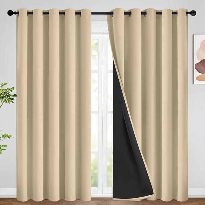 SimpleHome 100% Blackout Curtains for Bedroom,Thermal Insulated Beige Grommet Window Drapes Room Darkening Curtains for Living Room with Black Back,62 x 84 Inch,2 Panels
