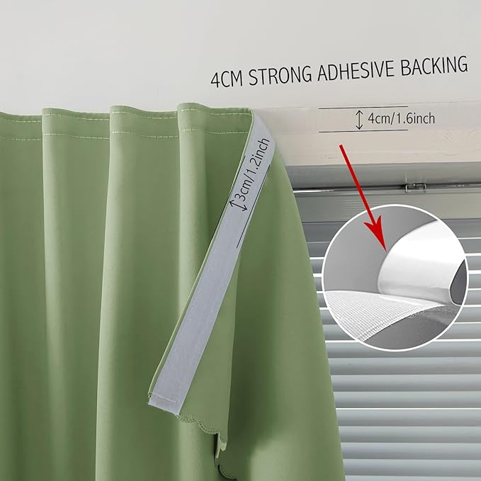 Magic Tape Blackout Curtains for Bedroom No Drillng Self Adhesive Curtains No Rod Small Window, 47" W X 79" L, Sage Green, 1 Panel