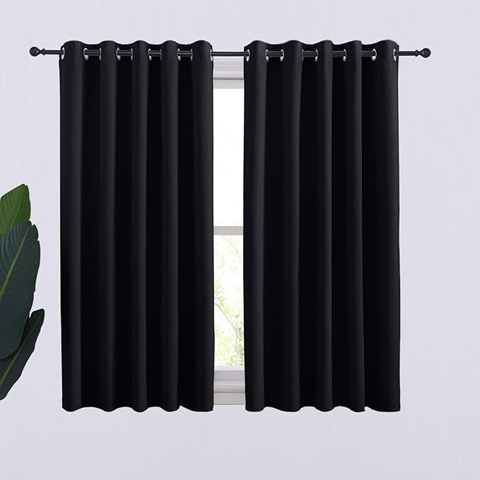 NICETOWN Bathroom Blackout Curtains and Drapes, Black Solid Thermal Insulated Grommet Blackout Drapery Panels for Window (2 Panels, 70 inches Wide by 54 inches Long, Black)