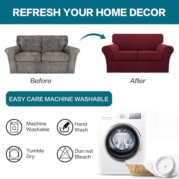 Turquoize 3 Piece Sofa Covers for 2 Cushion Couch Sofa Slipcover Soft Couch Cover for Dogs-Washable Sofa Furniture Covers with 2 Individual Cushion Covers (2 Cushion Sofa, Burgundy)