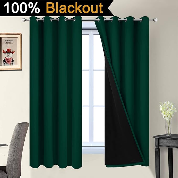 Yakamok 63 Inch Length Full Blackout Curtains for Bedroom, 2 Thick Layers Grommet Top Thermal Insulated Soundproof Drapes with Black Liner for Living Room(52Wx63L,Dark Green, 2 Panels)