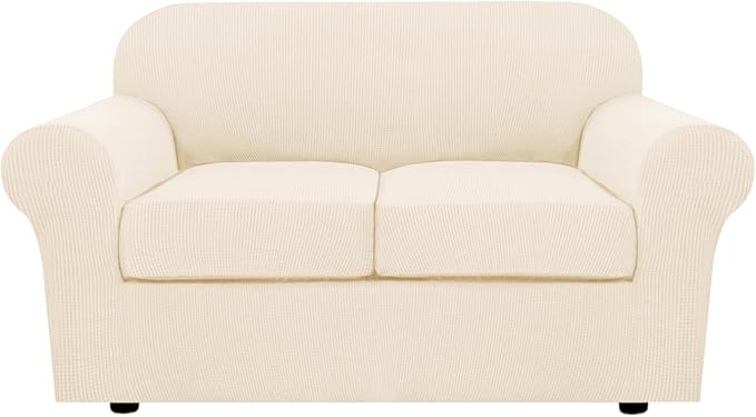 H.VERSAILTEX 3 Piece Stretch Sofa Covers for 2 Cushion Loveseat Couch Covers for Living Room (Base Cover Plus 2 Seat Cushion Covers) Thicker Jacquard Fabric (Medium Sofa, Cream)