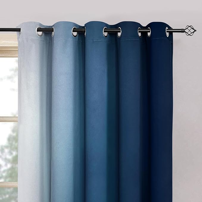Yakamok Blue and Greyish White Ombre Curtains, Room Darkening Gradient Color Curtains for Bedroom, Light Blocking Thermal Insulated Window Drapes for Living Room(2 Panels, 70x84 Inch)