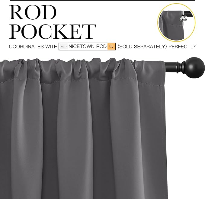 NICETOWN Grey Window Curtains for Bedroom - Home Decoration Thermal Insulated Rod Pocket Blackout Blinds & Drapes for Small Windows (Gray, 2 Panels, W34 x L63 -Inch)
