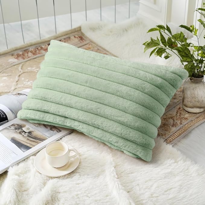 decorUhome Summer Cozy Faux Fur Throw Pillow Covers 12x20 Set of 2 Decorative Soft Plush Striped Lumbar Modern Farmhouse Boho Couch Pillow Cases with Velvet Back for Sofa Bed Living Room, Sage Green