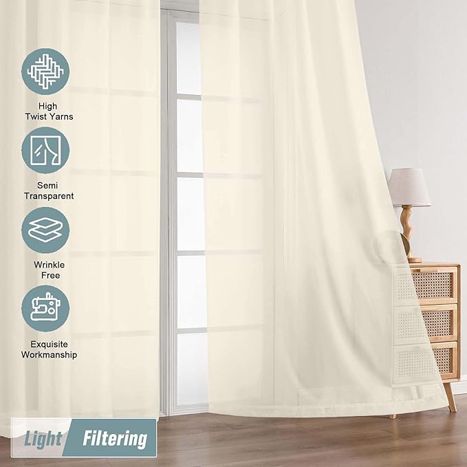 Cream Sheer Curtains 63 Inch Length 2 Panels, Voile Sheer Curtain for Living Room, Breathable Light Filtering Modern Window Treatments, Soft Fabric Dual Rod Pocket Drapes, 2x42Wx63L Inches