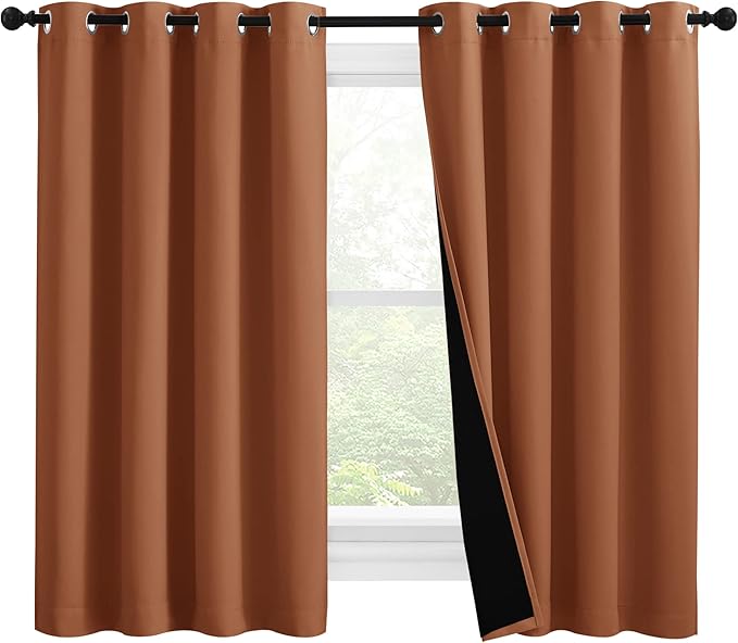 NICETOWN 100% Blackout Curtains 57 inches Long, Double-Deck Completely Blackout Window Treatment Thermal Insulated Lined Drapes for Small Window (Burnt Orange, 1 Pair, 55 inches Width Each Panel)