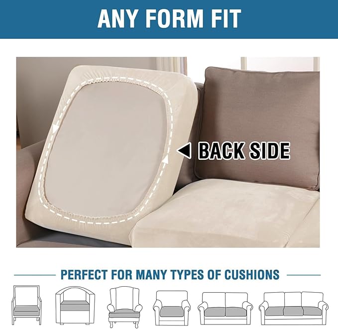H.VERSAILTEX Velvet Stretch Couch Cushion Cover Plush Cushion Slipcover for Chair Cushion Furniture Protector Seat Cushion Sofa Cover (1 Piece Armchair Cushion Covers, Cream)