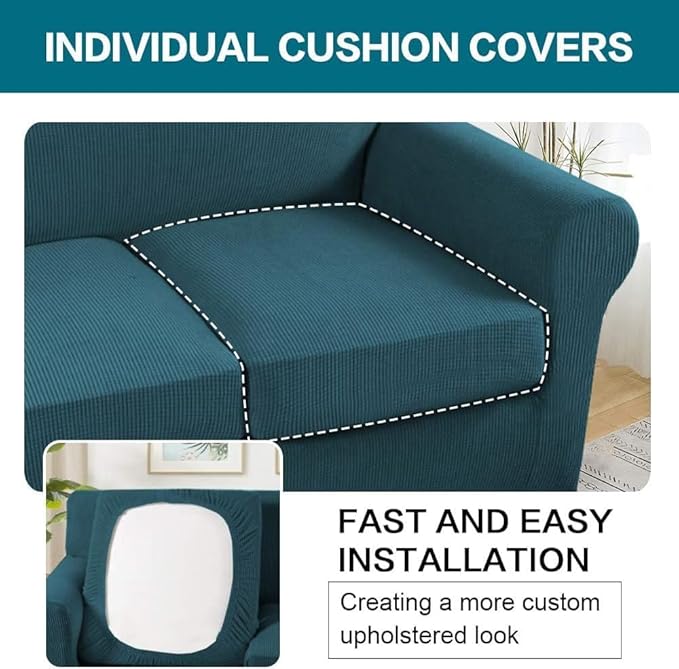 Turquoize 4 Piece Sofa Covers for 3 Cushion Couch Sofa Slipcover Soft Couch Cover for Dogs Washable Furniture Cover with 3 Individual Large Cushion Covers Feature Fabric (Large Sofa, Deep Teal)