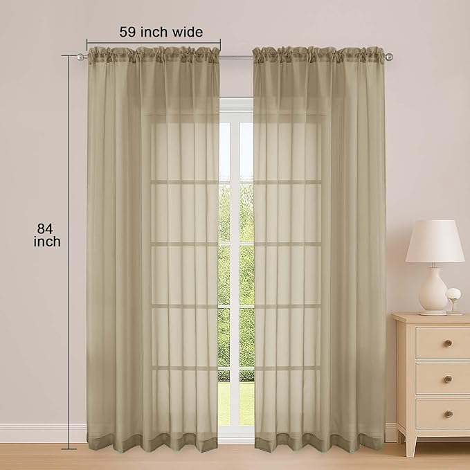 OWENIE Sheer Curtains 84 Inches Long 2 Panels Set, Sheer Taupe Curtains for Living Room Bedroom 59 Inch Extra Wide, Modern Voile Filmy Rod Pocket Drapes, 2 Pcs, Each 59 W x 84L, Taupe