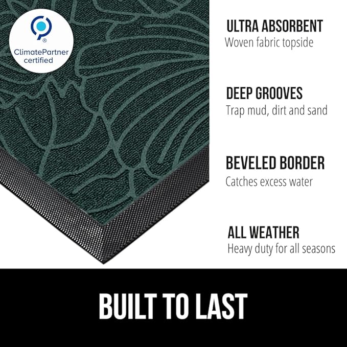 GORILLA GRIP 100% Waterproof All-Season WeatherMAX Doormat, 60x24, US Designed Natural Rubber, Stain and Fade Resistant, Low Profile Indoor Outdoor Door Mats, Easy Clean Patio Mat, Green Palm