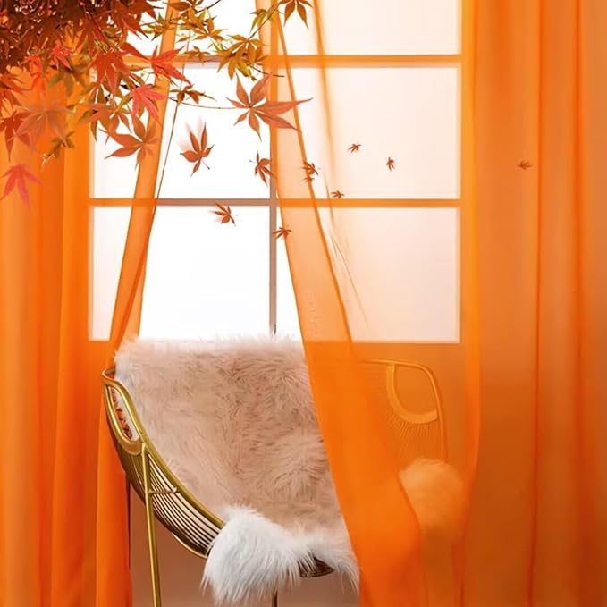 SpaceDresser Basic Rod Pocket Sheer Voile Window Curtain Panels White 1 Pair 2 Panels 38 Width 63 Inch Long for Kitchen Bedroom Children Living Room Yard(Orange,38 W x 63 L)