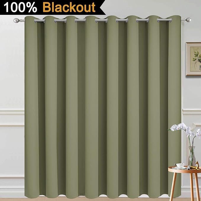 Yakamok 100% Blackout Thermal Insulated Sliding Door Curtains, Noise Reducing Barrier Curtains for Sliding Glass Doors, Full Light Blocking Room Divider Darpes, Sage, W100 x L96, 1 Panel