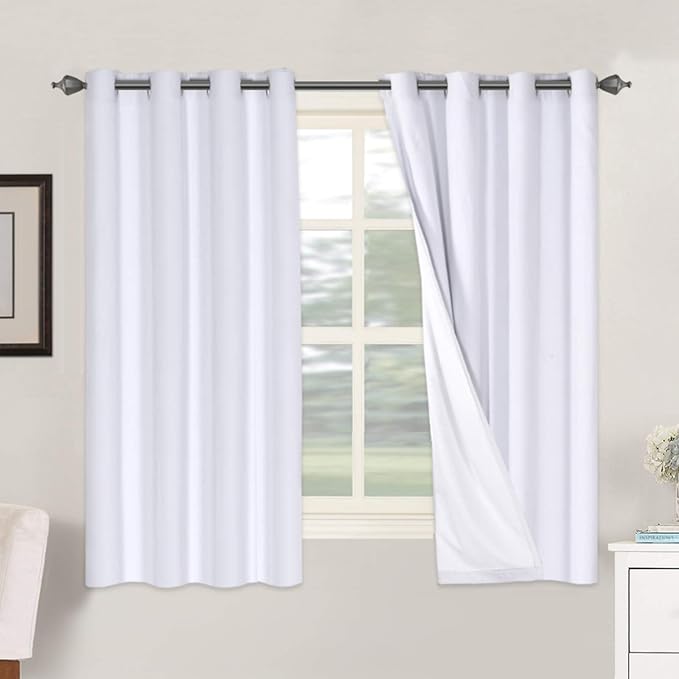 H.VERSAILTEX Linen Blackout Curtains 63 Inches Long 100% Blackout Thermal Insulated Textured Linen Look Curtain Draperies Anti-Rust Grommet, Energy Saving with White Liner, 2 Panels, Bright White